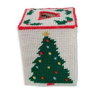 Vintage plastic canvas stitched Christmas tissue cover box
